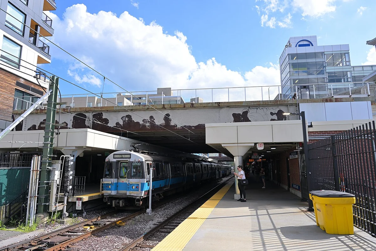 Blue Line train at Wonderland station · Revere